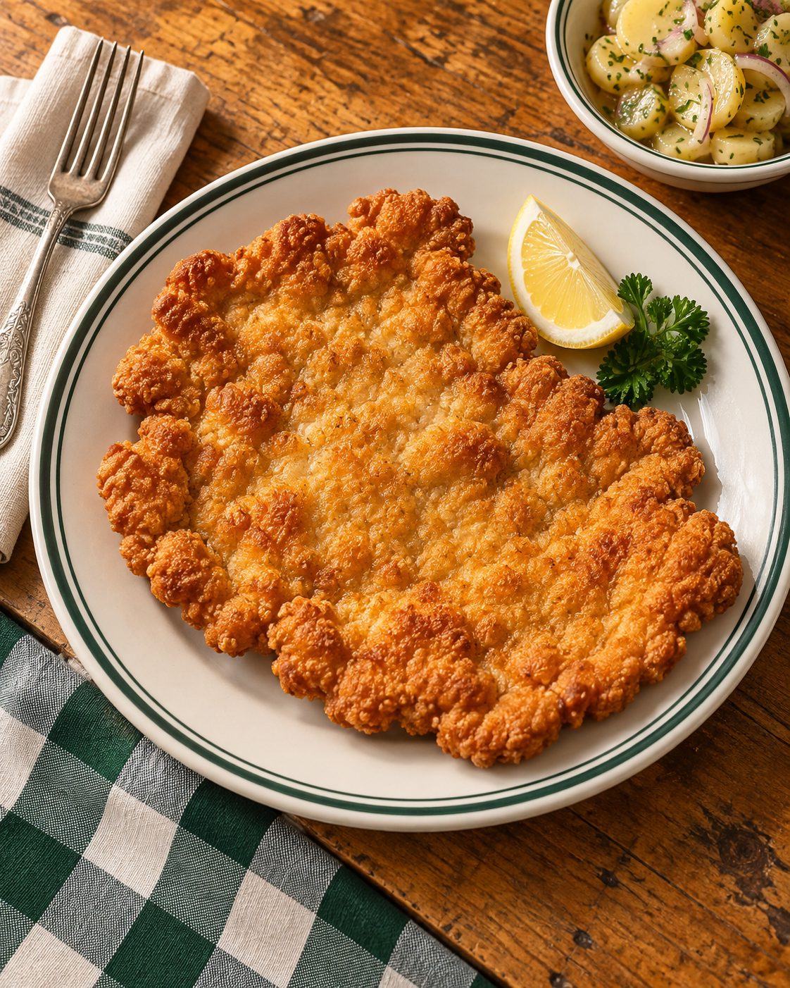 Servierillustration: goldbraunes Wiener Schnitzel mit Zitrone und Erdäpfelsalat